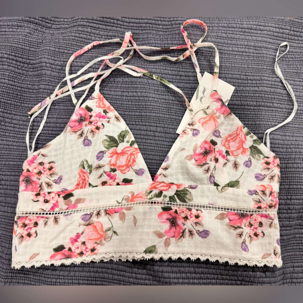 ZARA Floral Crop Top Strappy Back Crop Top M White Pink NWT
